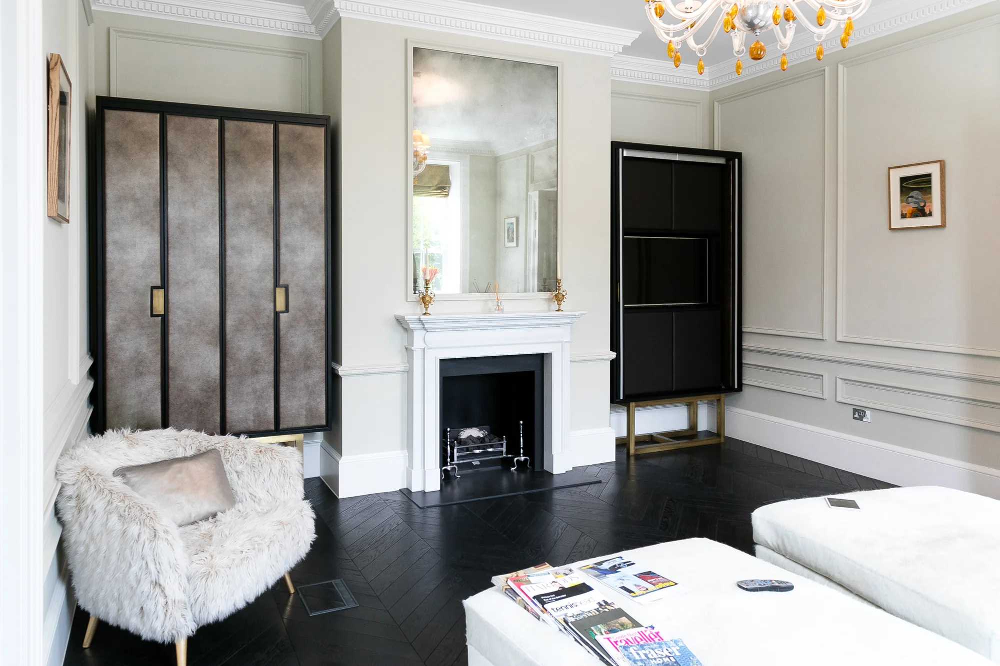 Room context showing matching tall cabinets