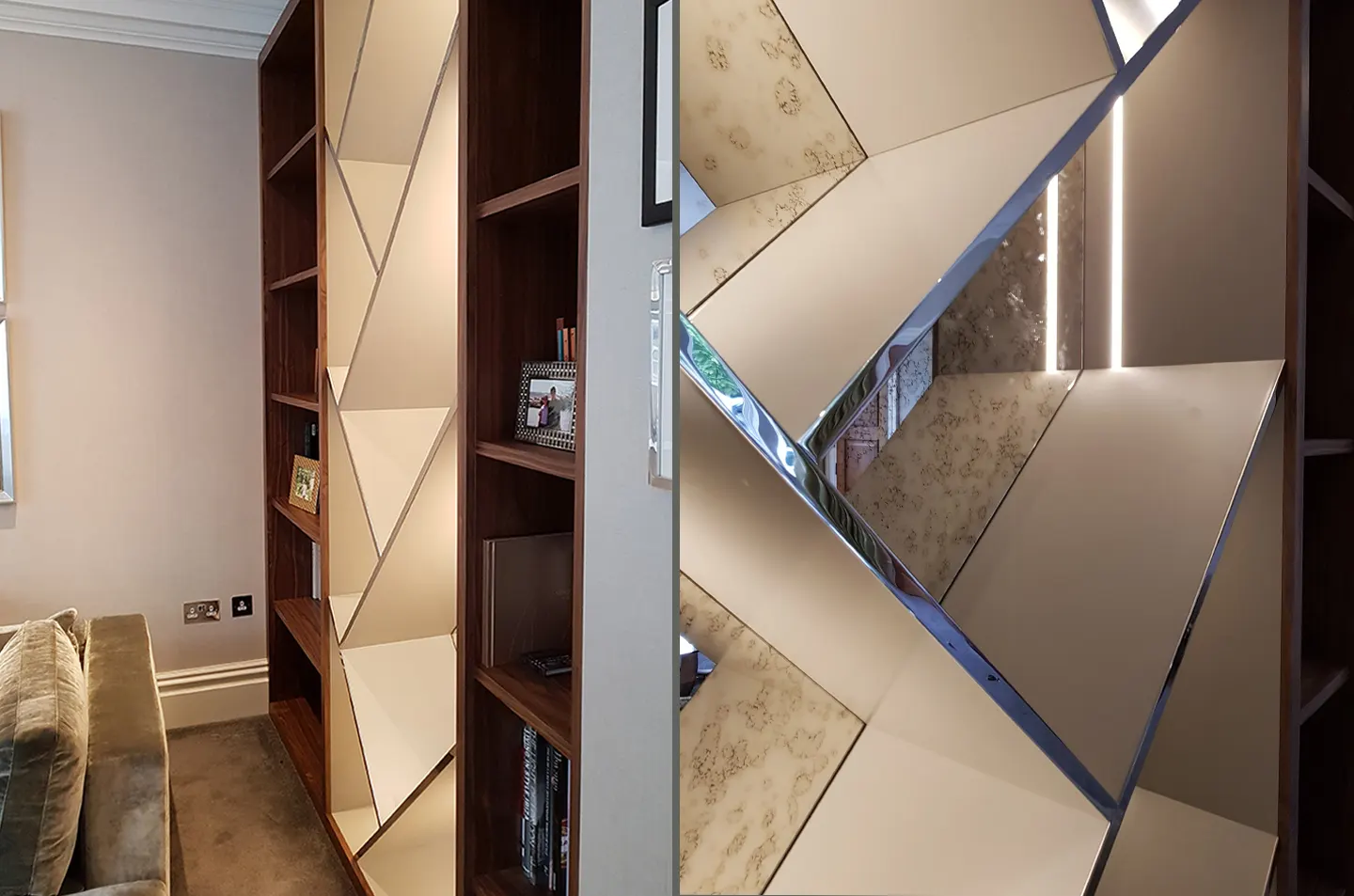 Close view of the geometric mirrored centre with diagonal borders and integrated lighting