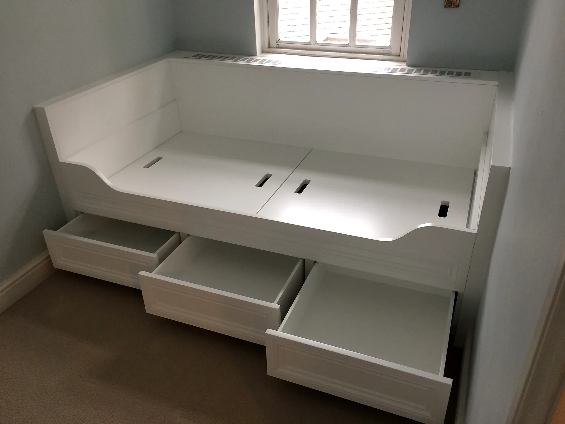 Built-in window seat drawer storage open