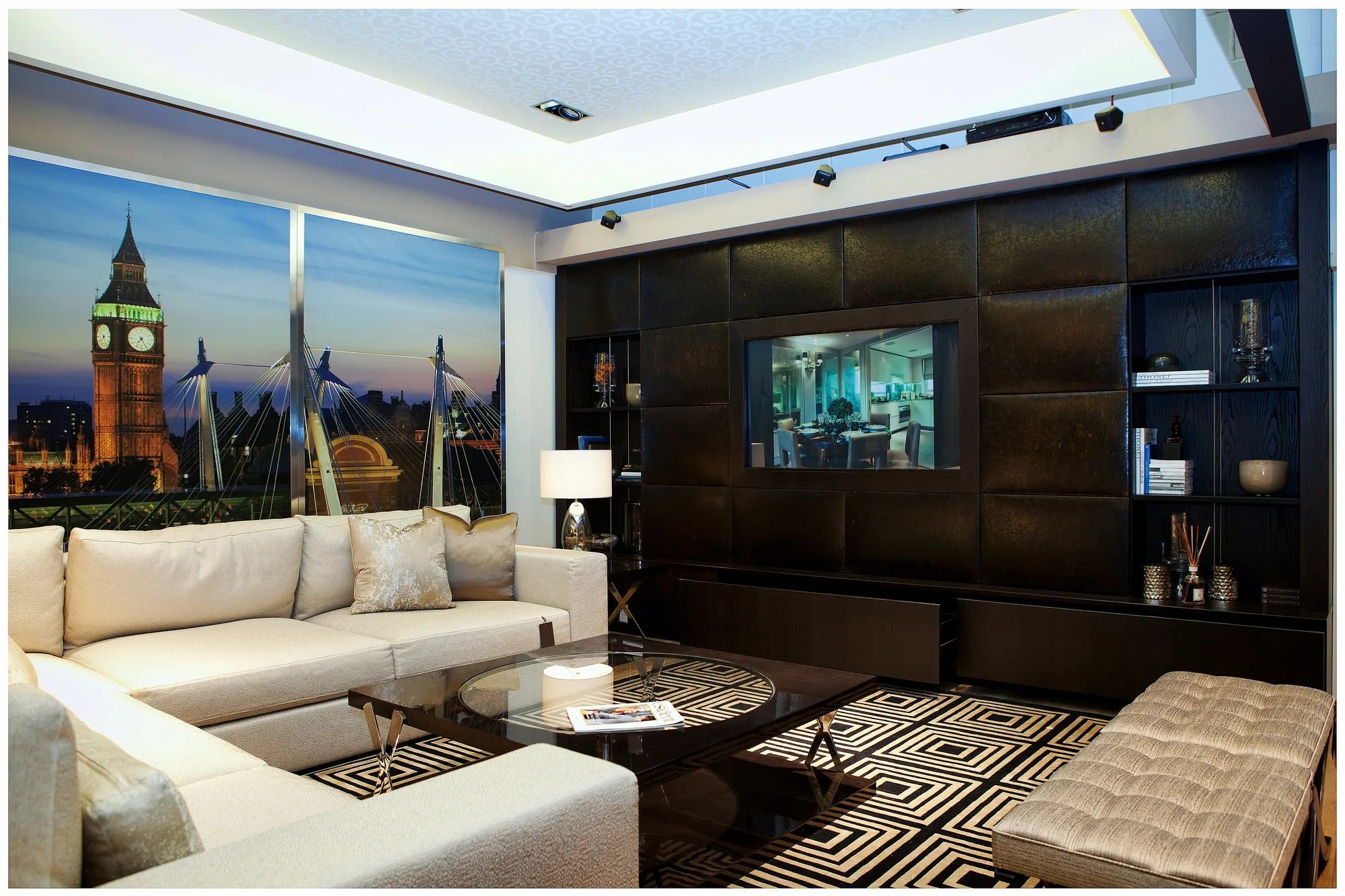 Media wall with the television in use and textured surrounding panels