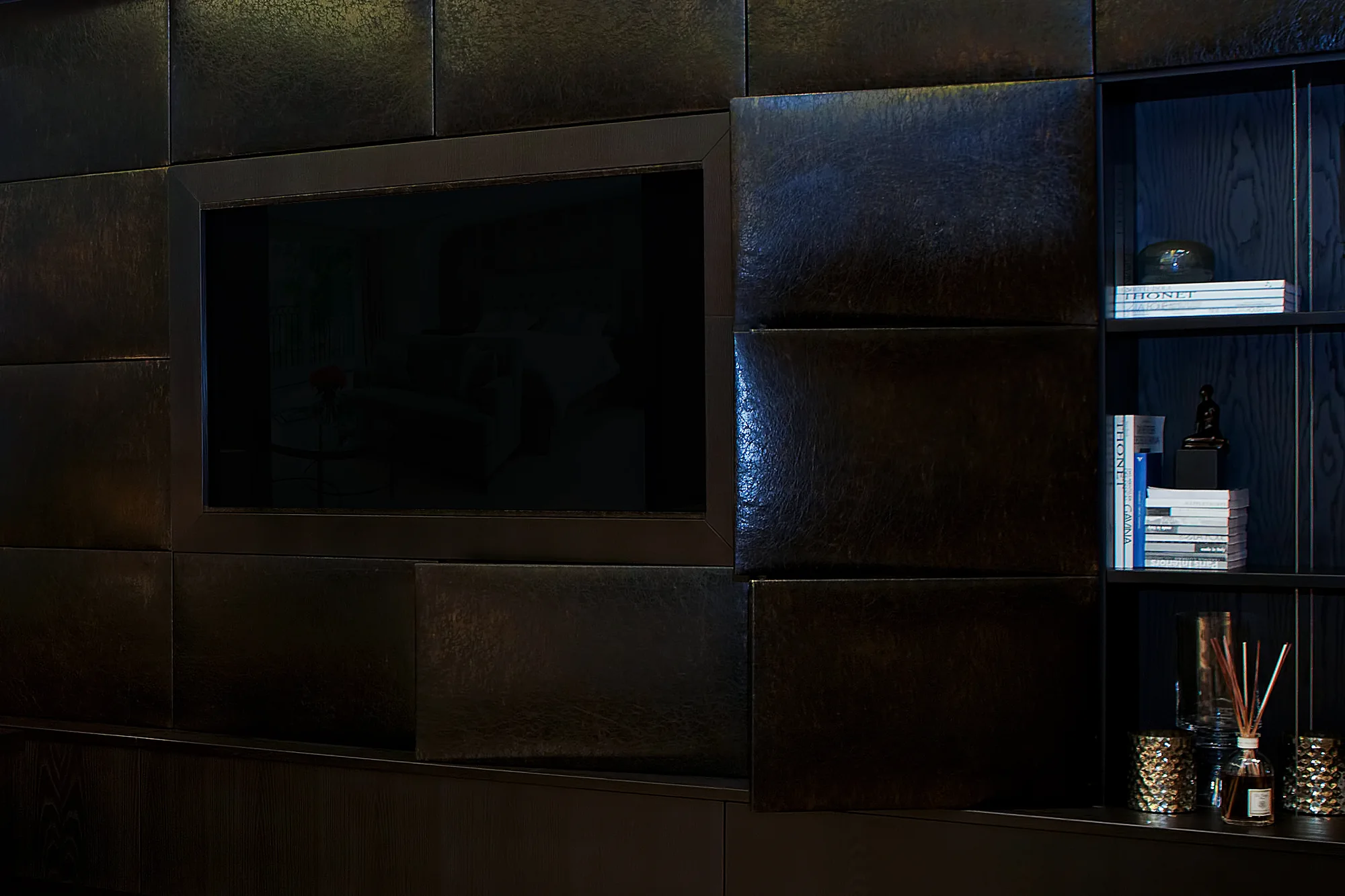 Close view of textured media panels and display shelving