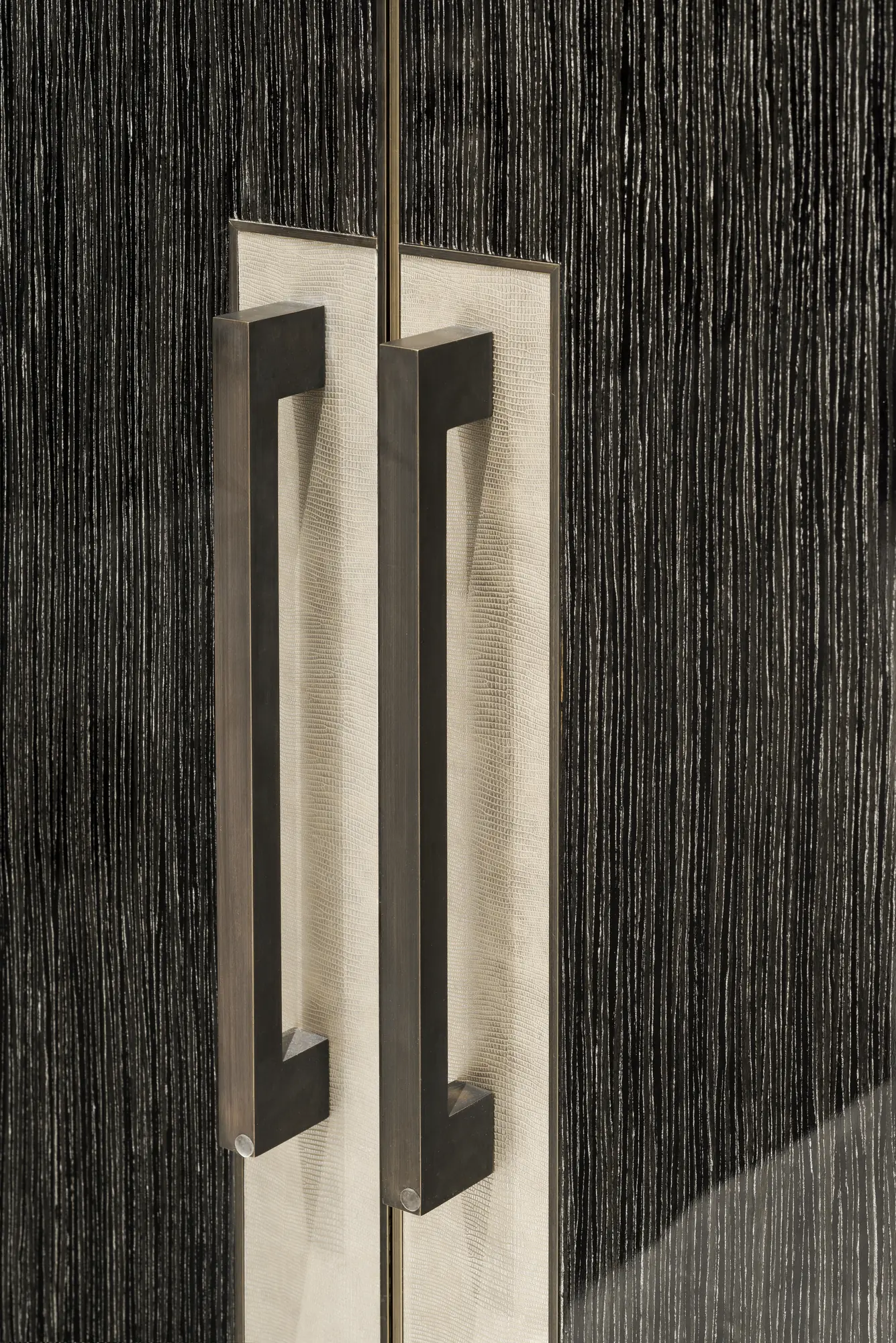 Close detail of the wardrobe handle and surrounding dark panel