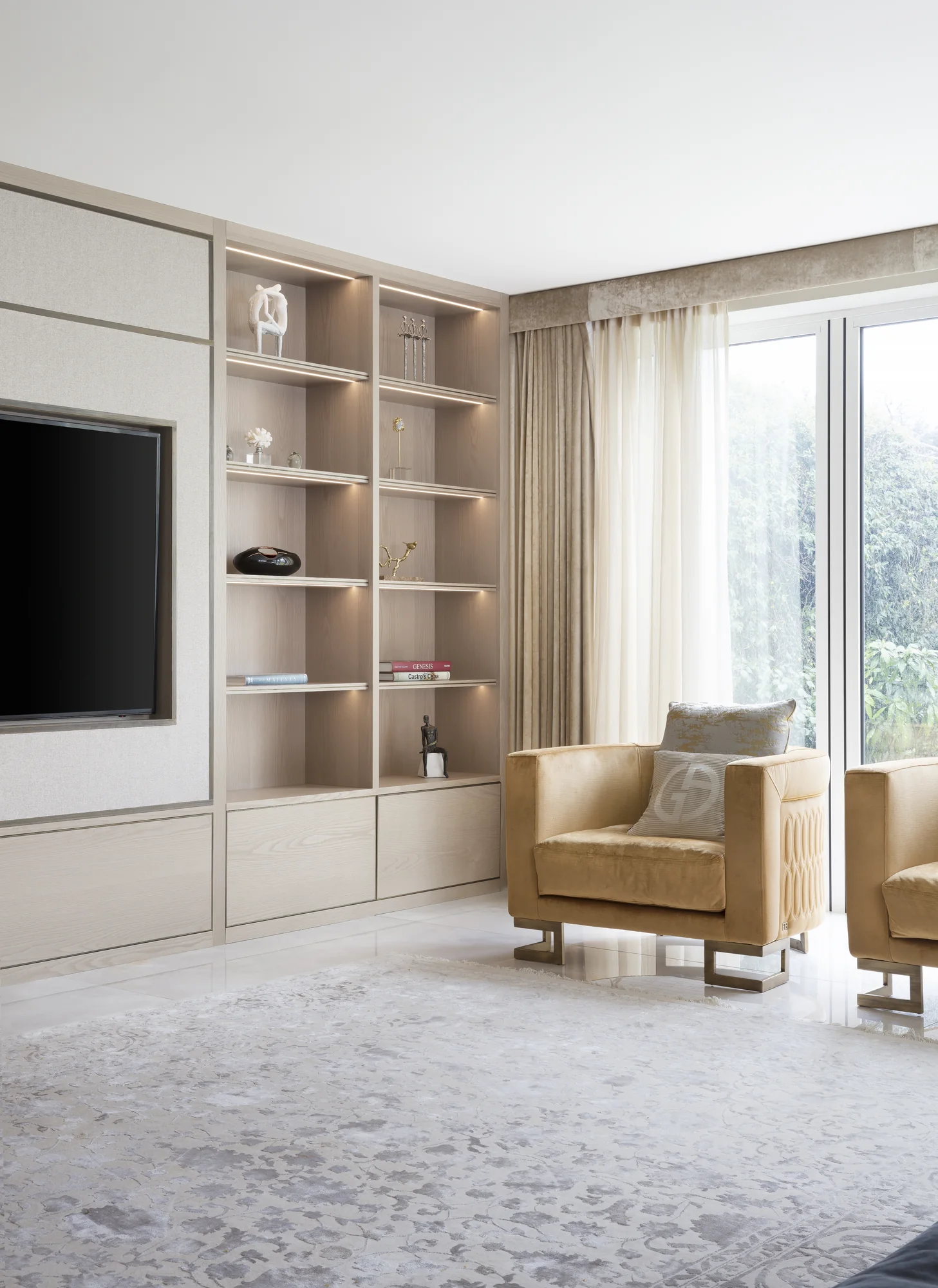 Angled room view of fitted media wall