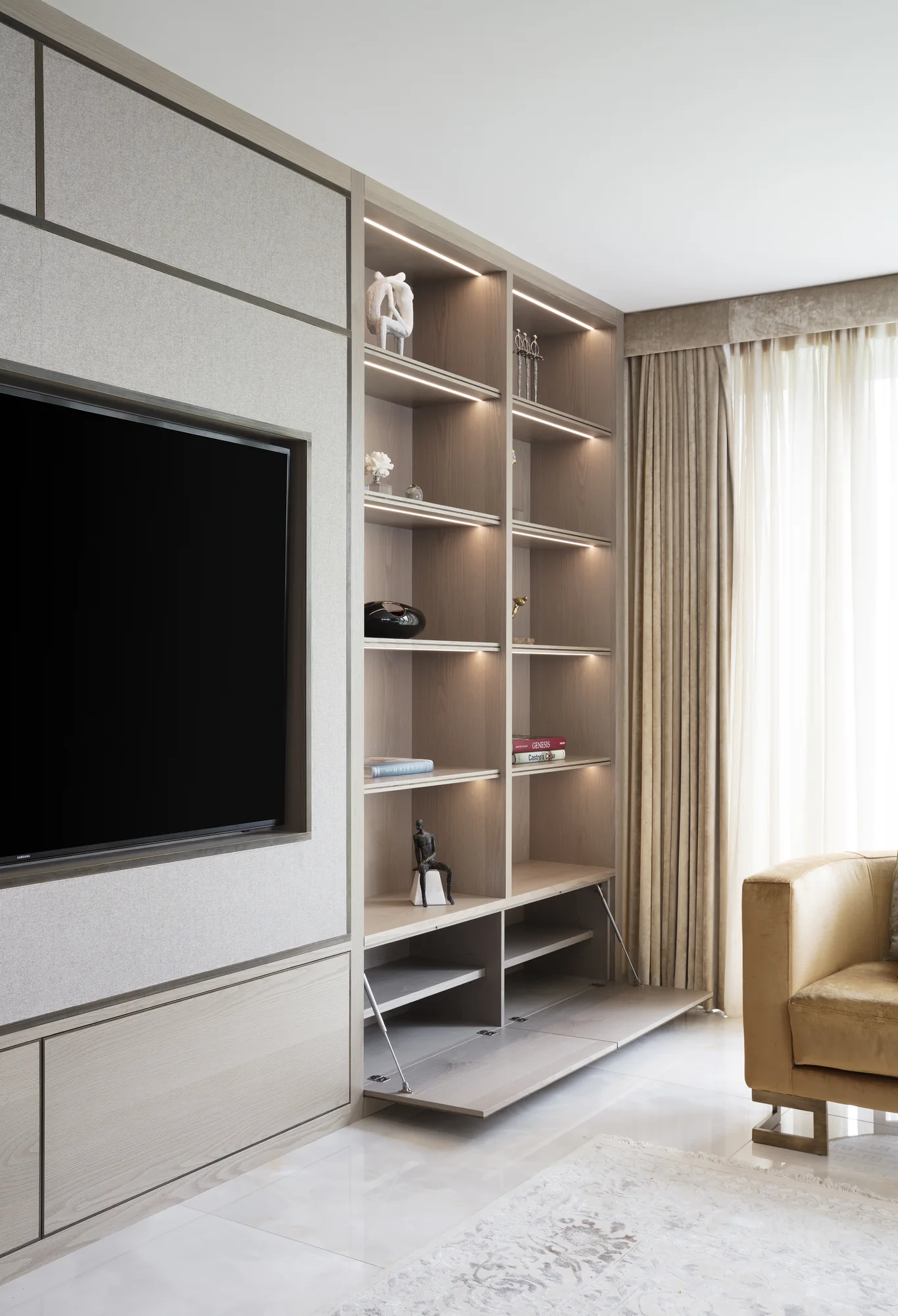 Side view of full-height media wall