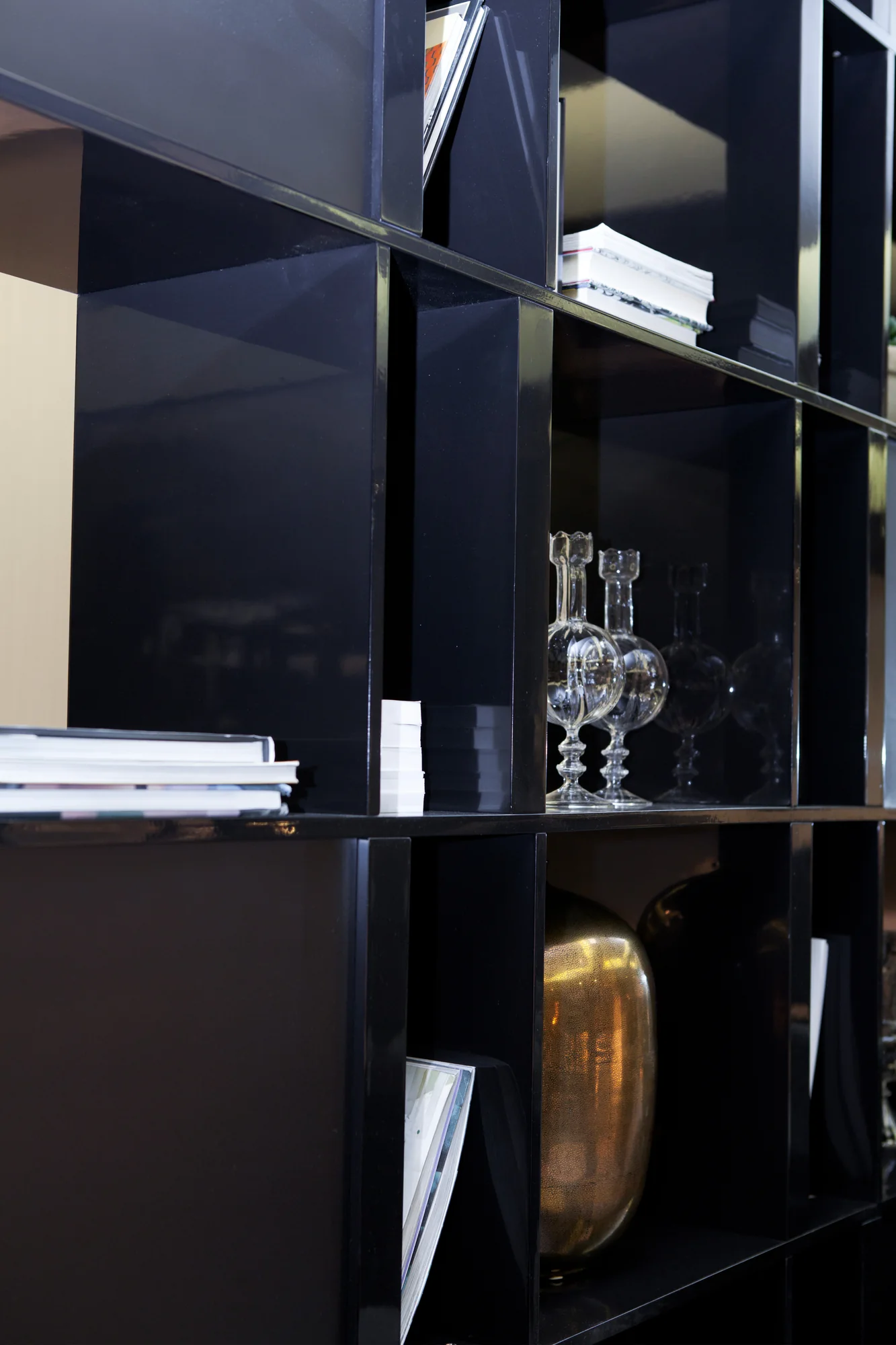 Close detail of open shelving and display compartments