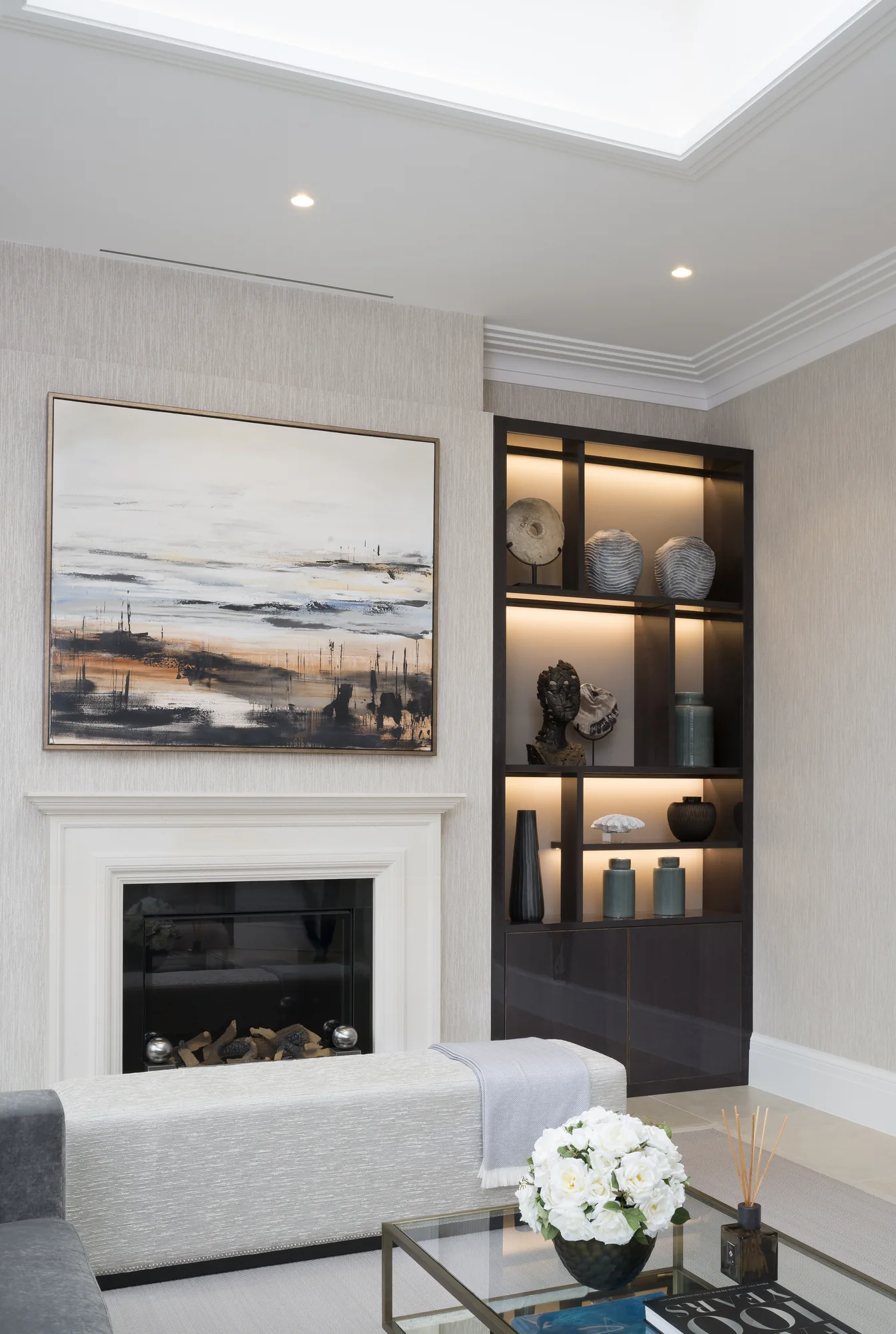 Closer view of the right-hand alcove beside the fireplace