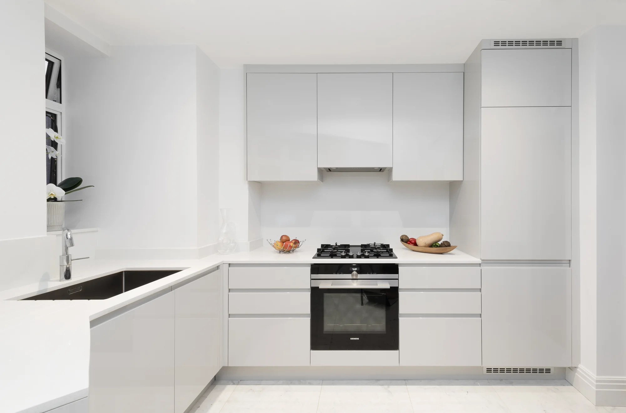 Overall view of the cooking run, sink and tall cabinetry