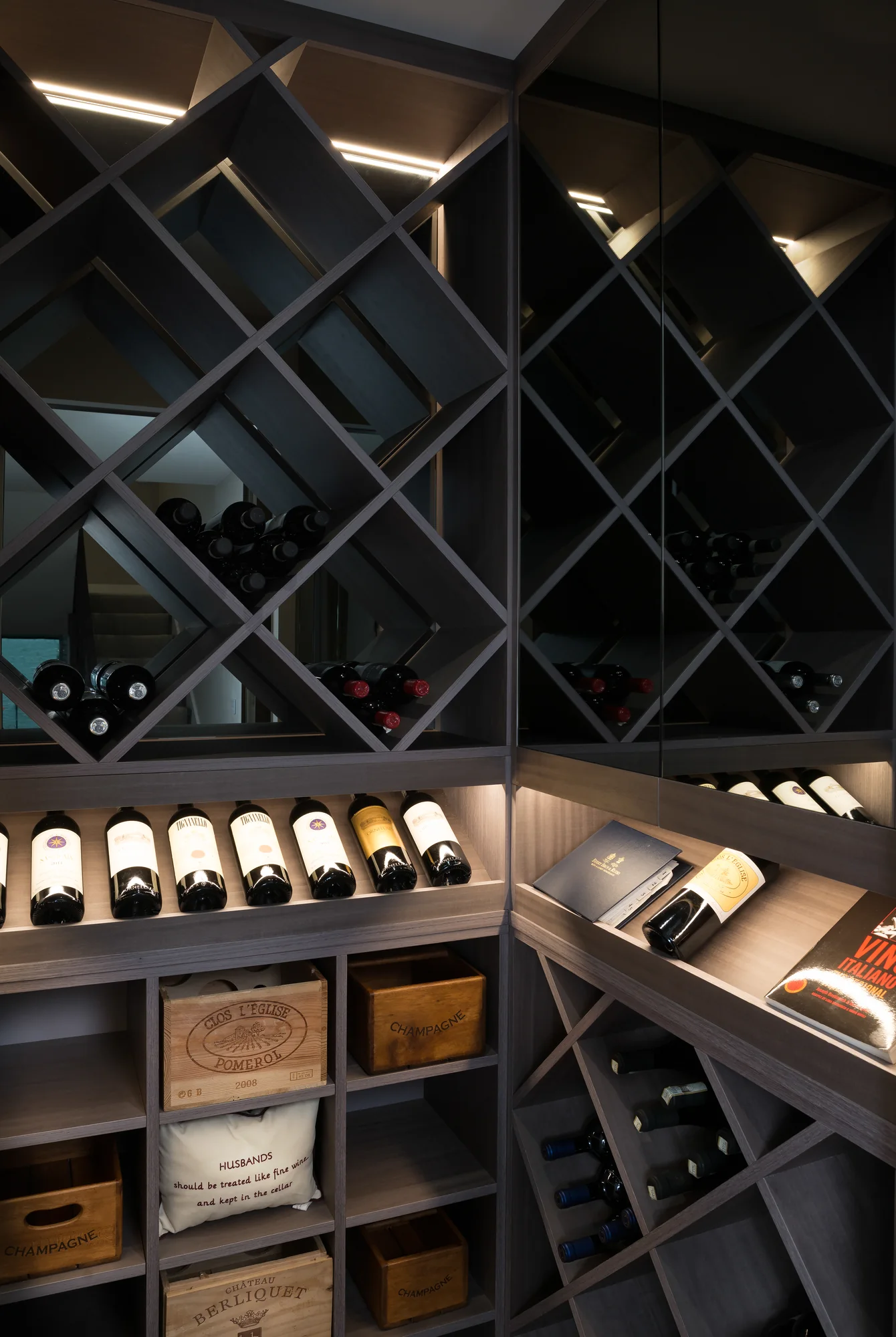Angled view of illuminated wine racks